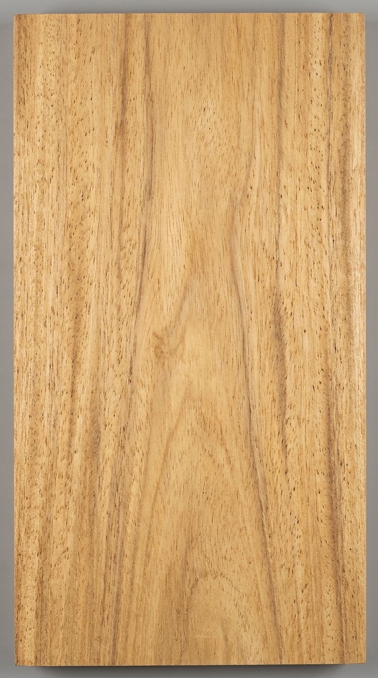 A board of Timborana -- creamy yellow to light-medium brown, with the visible open pores and interlocked grain typical of this wood.