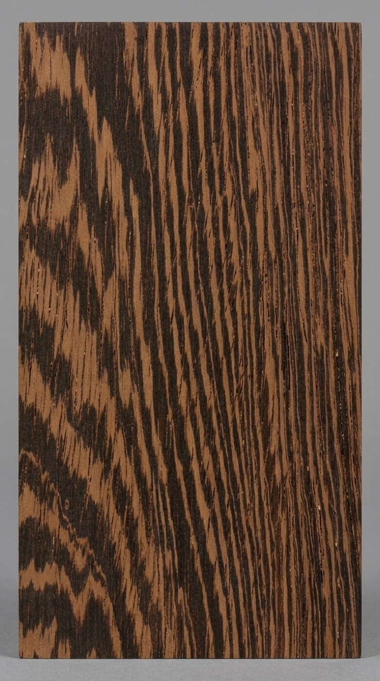 A board of Wenge -- medium brown crossed by near-black streaks, with a coarse open-pored texture