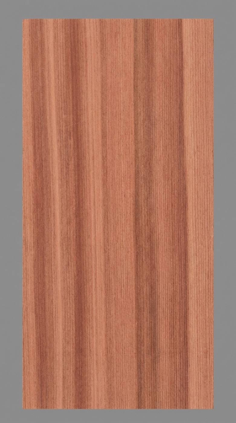 A board of western red cedar -- reddish brown with the irregular tonal banding typical of the species
