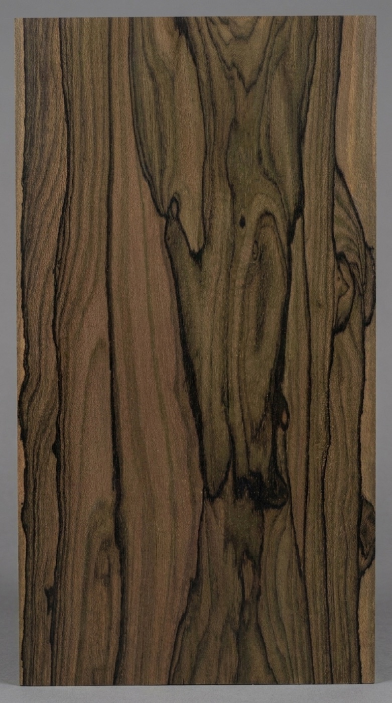 A board of ziricote -- dark brown crossed by the black spiderwebbing streaks that make it a luthier's wood